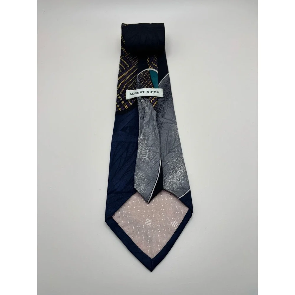 Albert Nipon Mens Silk Necktie Navy Blue Grey Abstract Geometric Formal Tie
